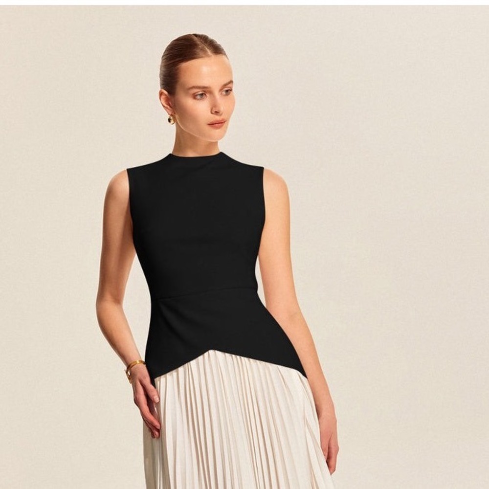 Commense Sleeveless Pleated Dress Mock Neck Party Cocktail Black White size XS - Picture 4 of 5